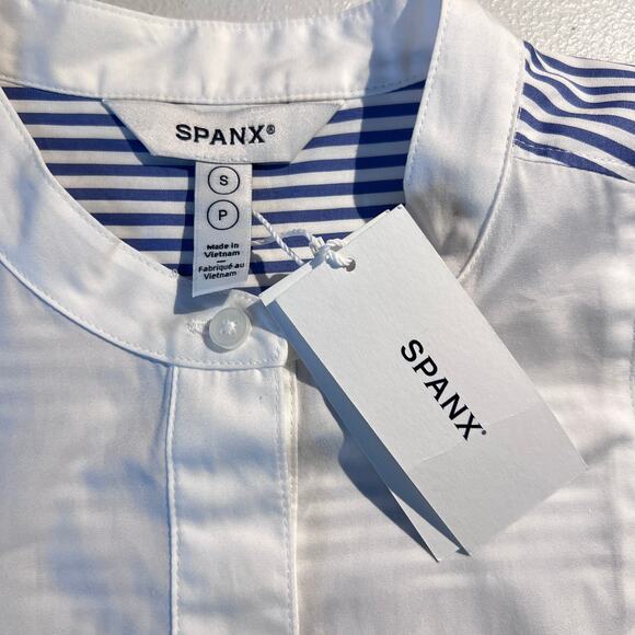 NEW Spanx Top Poplin Tuxedo Shirt Blue Striped Victorian Old Money Nautical - Picture 5 of 6